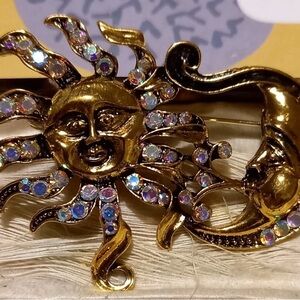 Gold Sun and Moon Brooch with Iridescent Accents made with a metal base